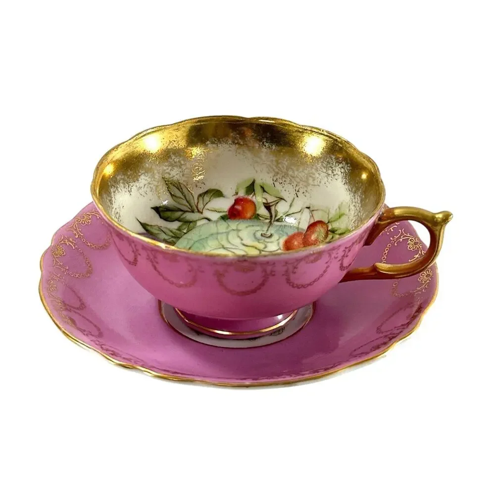Royal Sealy Japan Pink Gold Gilt Fruit Teacup Saucer Set Vintage Porcelain